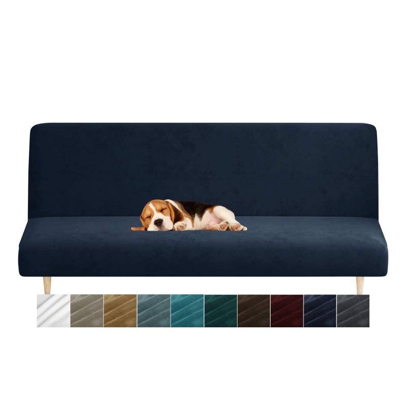 MAXIJIN Velvet Futon Cover Full Size Stretch Futon Mattress Cover Thick Soft Armless Sofa Bed Slipcover Plush Couch Furniture Protector with Elastic Bottom, Machine Washable (Navy Blue) - Image 1